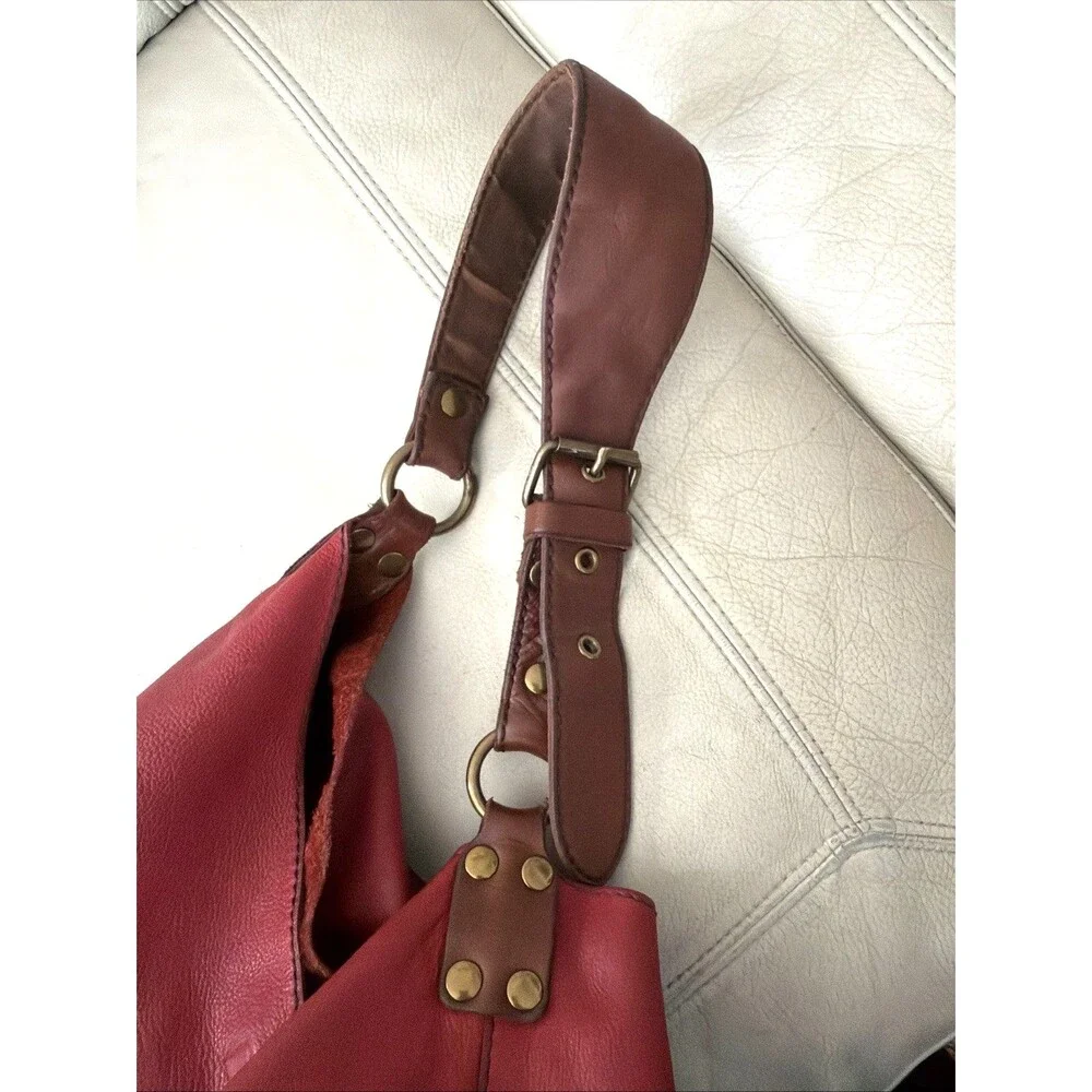 Vintage Lucky Brand Hobo Leather Bag Red Buckle Slouchy Boho Y2K